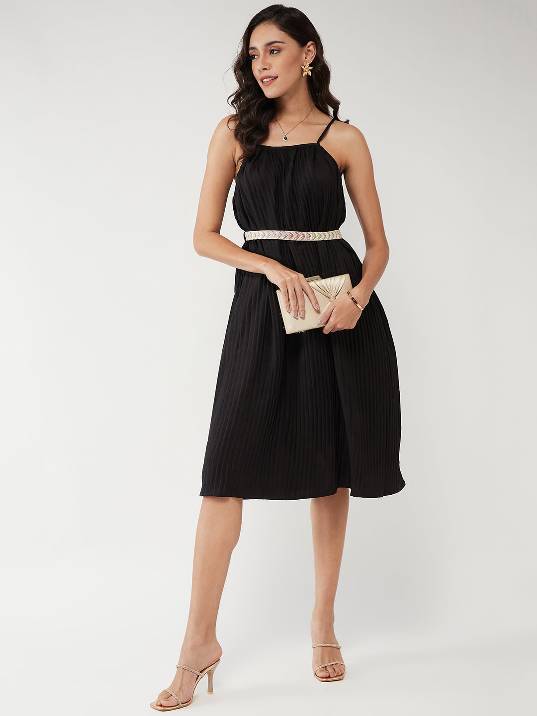 Solid Pleated Strappy Dress