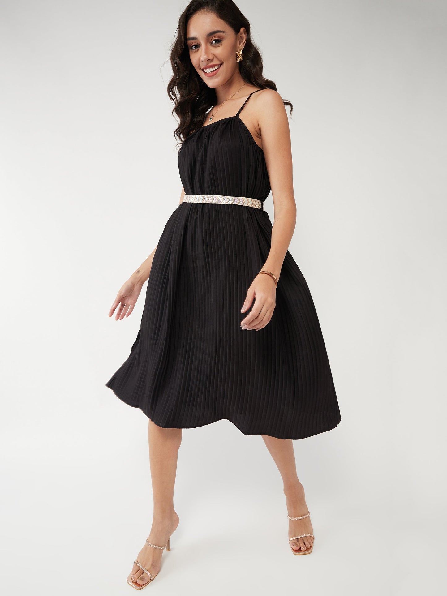 Solid Pleated Strappy Dress