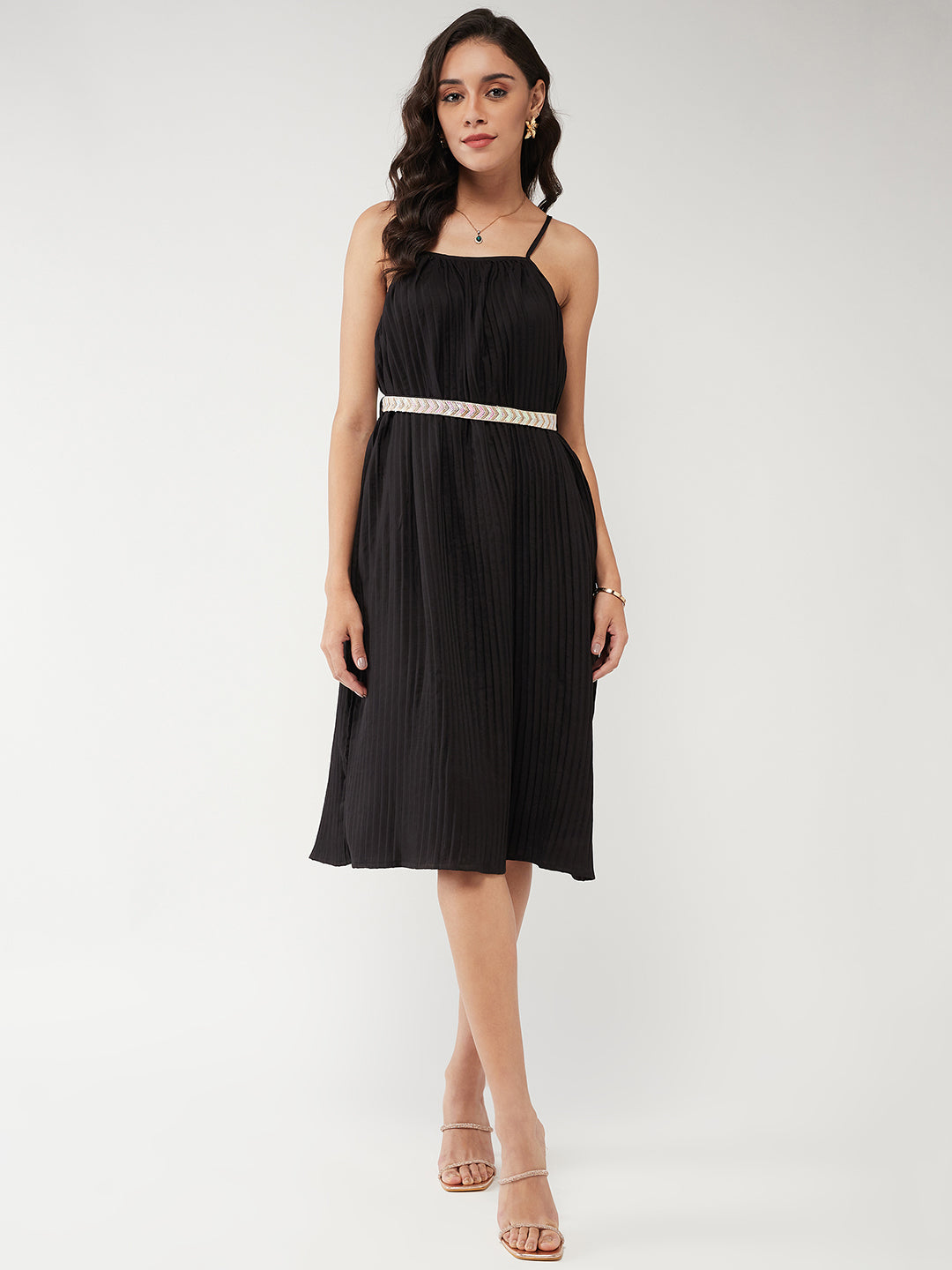 Solid Pleated Strappy Dress