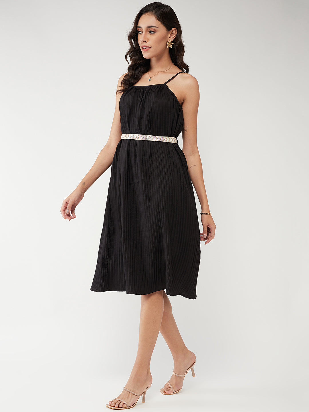 Solid Pleated Strappy Dress