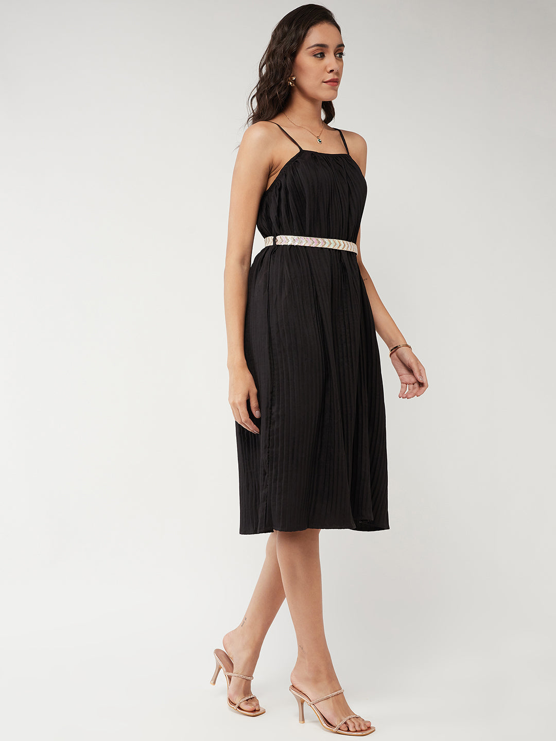 Solid Pleated Strappy Dress