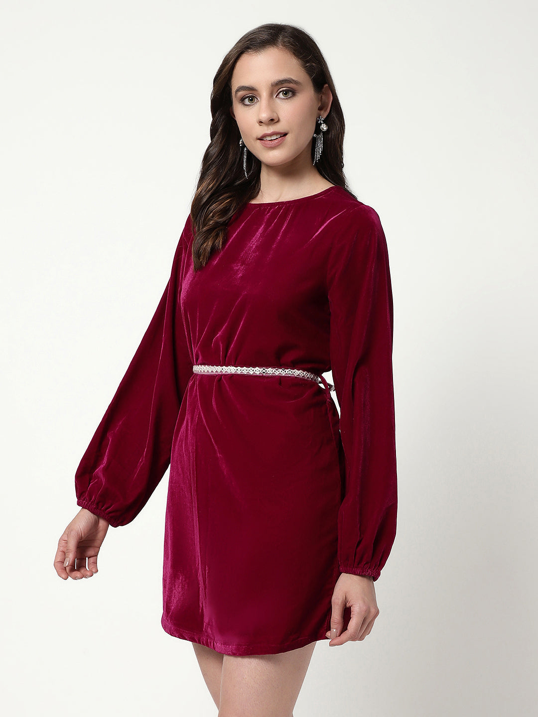 Solid Velvet Dress With Belt