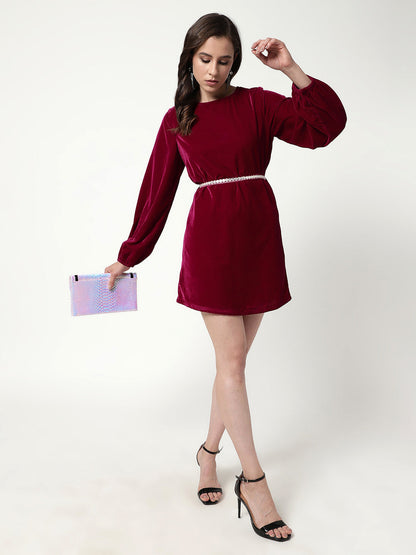 Solid Velvet Dress With Belt