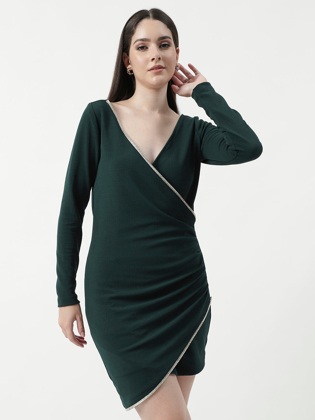 Solid Overlap Dress With Zipper Detailing