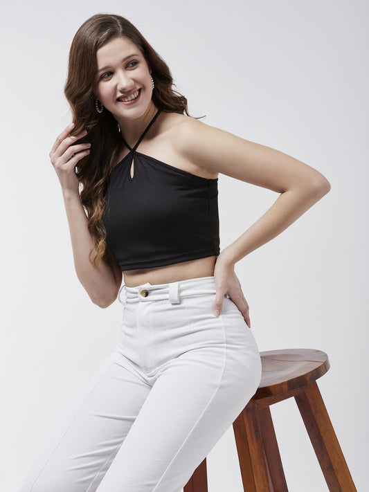 Solid Halter Neck Rib Crop Top