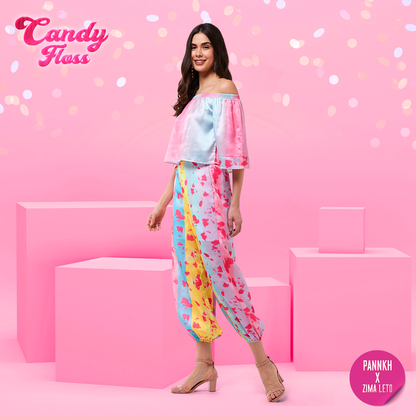 Candy Inspired Digital Printed Off-Shoulder Top With Baggy Pants