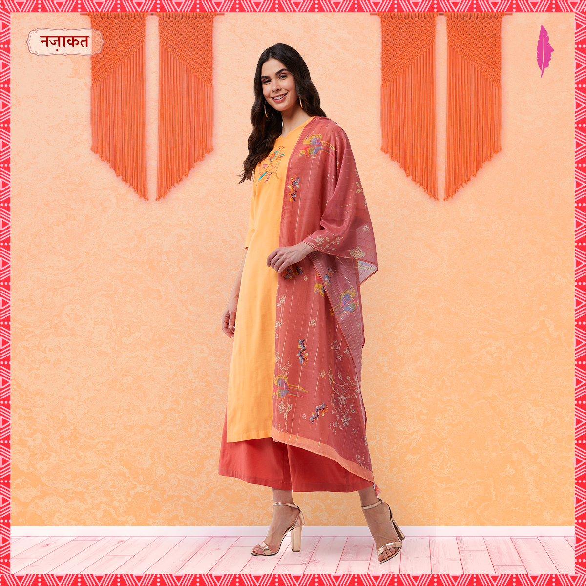 Light Orange Embroidered Quarter Sleeves Kurta With Pants And Digital Printed Dupatta