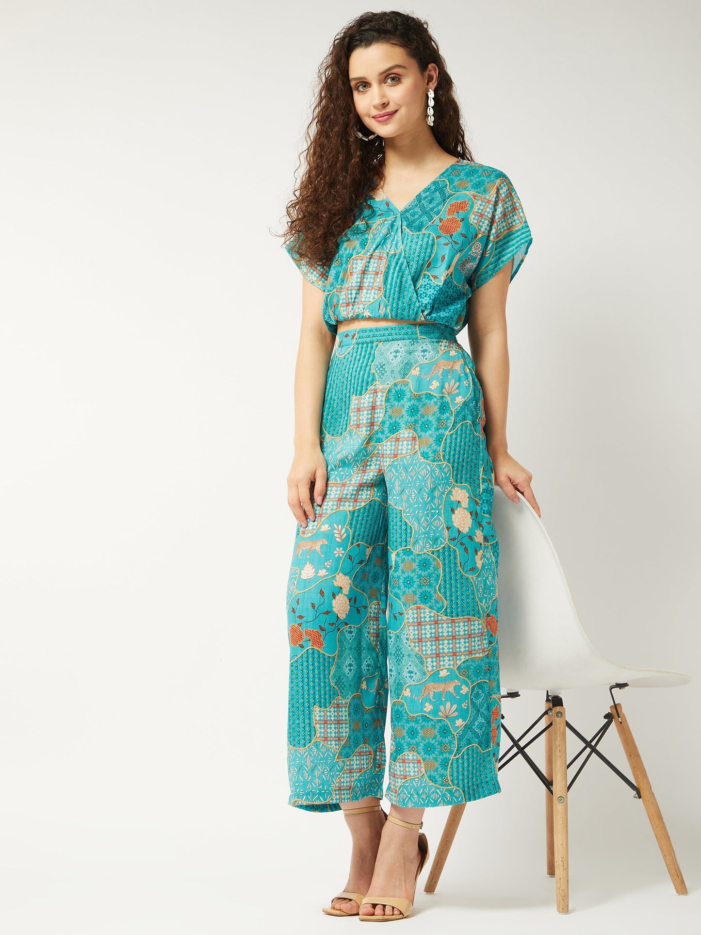 Printed Loose Overlap Top and Pant Set