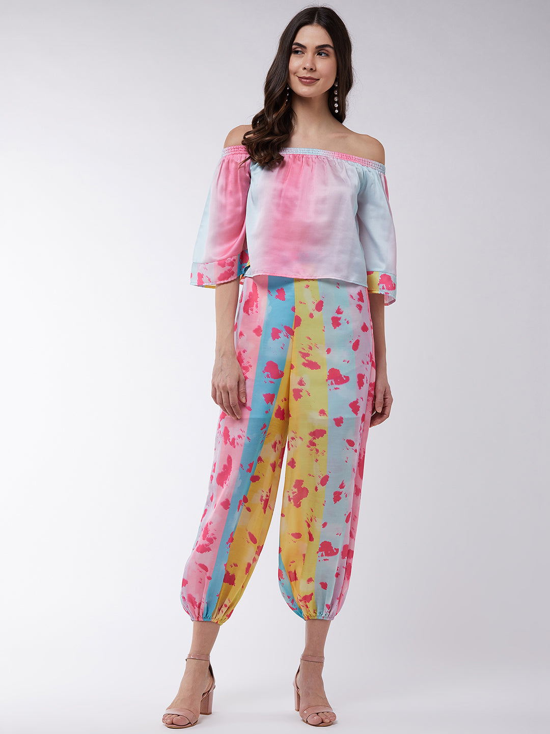 Candy Inspired Digital Printed Off-Shoulder Top With Baggy Pants