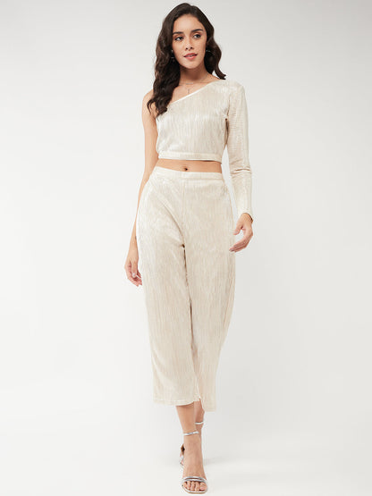 Shimmer Pleated One-Shoulder Top With Pant Set