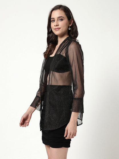 Shimmer Shirt With Bralette And Ruched Design Skirt Set