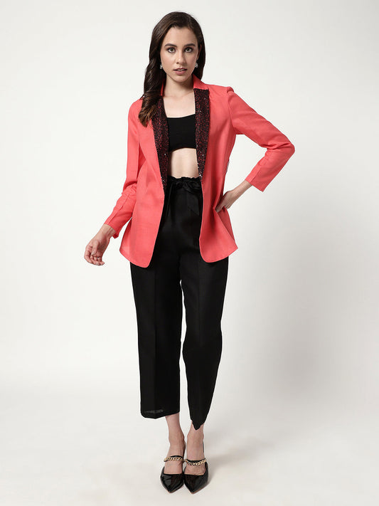 Blazer With Sequin Lapel And Contrast Pant Set