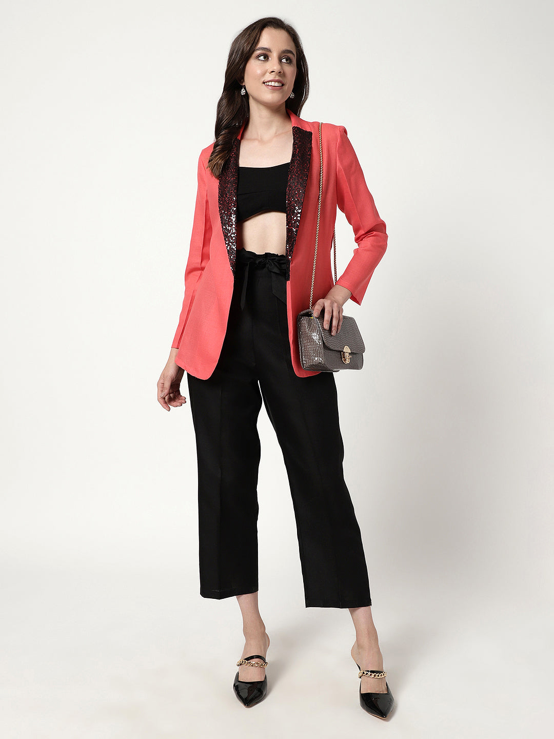 Blazer With Sequin Lapel And Contrast Pant Set