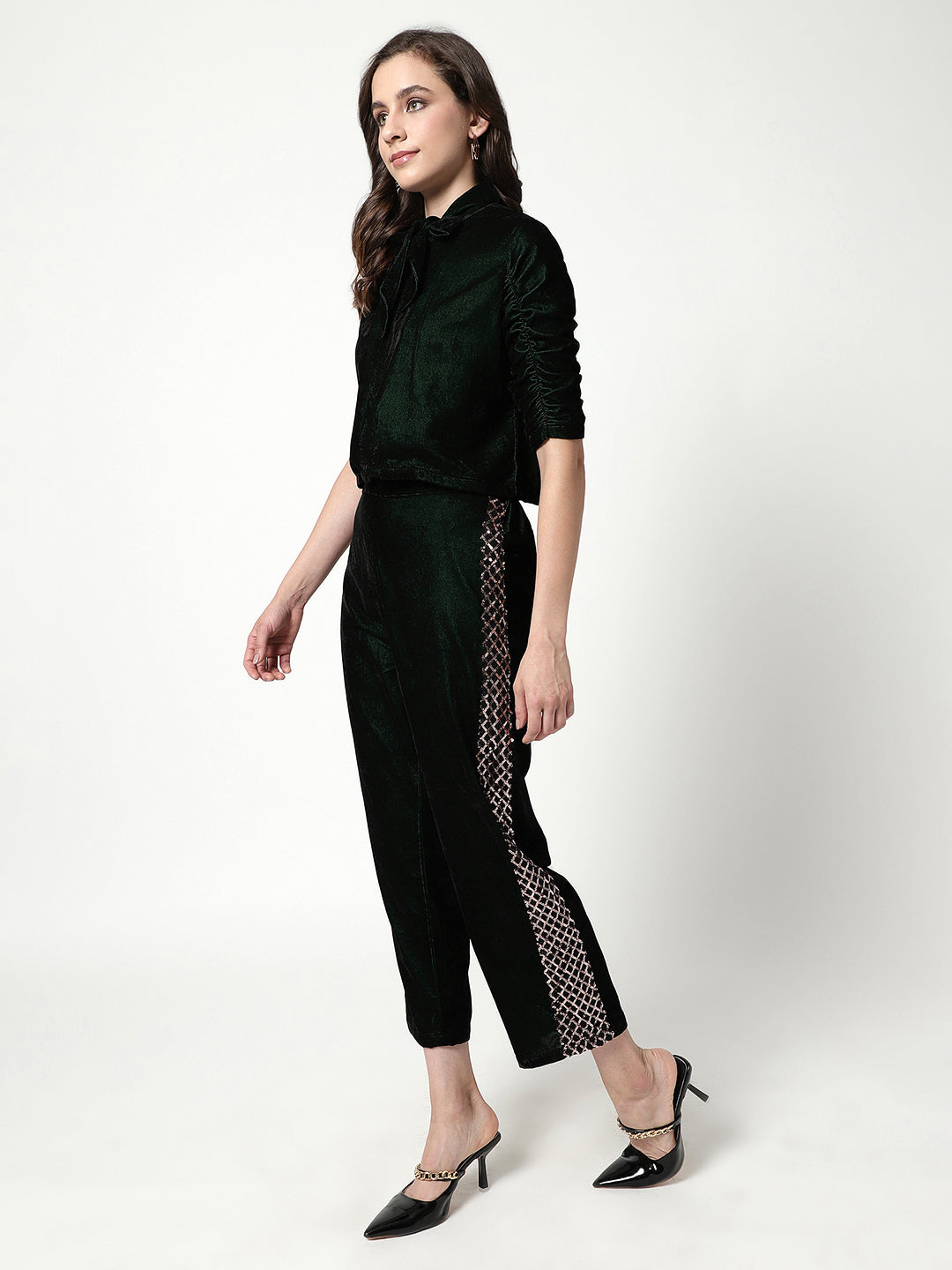 Velvet Tie-Up Top With Matching Pant Set Having Sequin Details