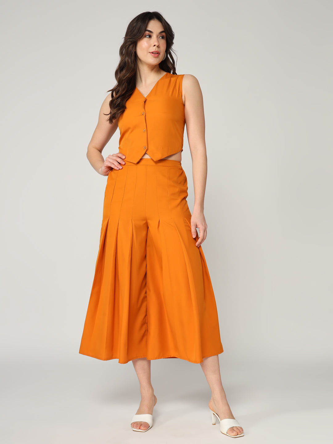 Solid Waist coat Top With Pleated Pant Set