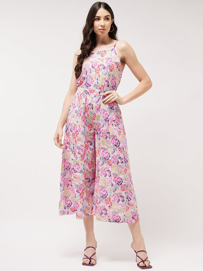 Painted Floral Look Digital Printed Strappy  Multicolor Jumpsuit