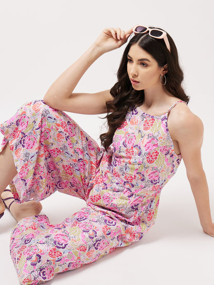 Painted Floral Look Digital Printed Strappy  Multicolor Jumpsuit