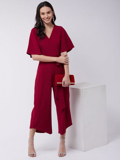 Red Solid Overlap Jumpsuit