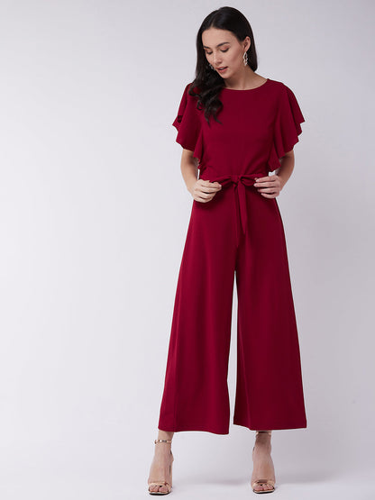 Red Solid Jumpsuit With Flared Sleeves