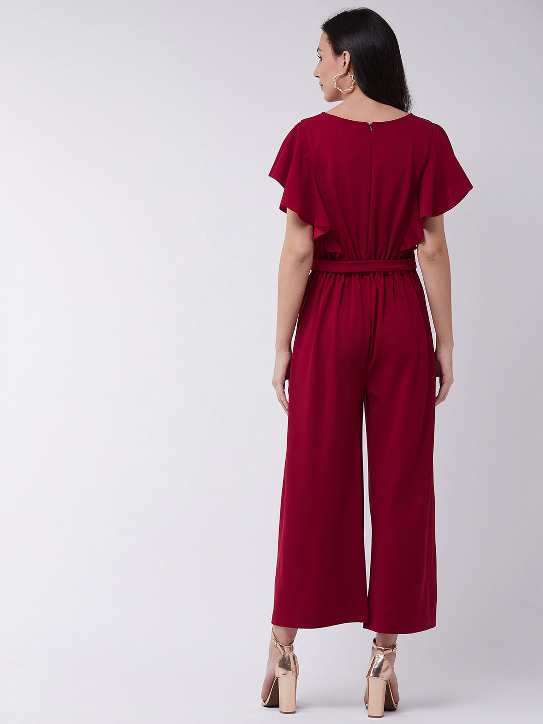 Red Solid Jumpsuit With Flared Sleeves