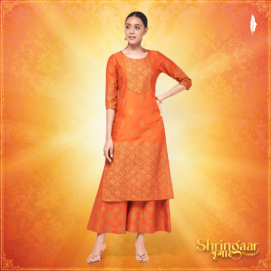 Shringaar Orange Block Printed Round Neck With Yoke Kurta